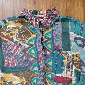 Vintage Expressions Abstract Geometric Silk Button Shirt